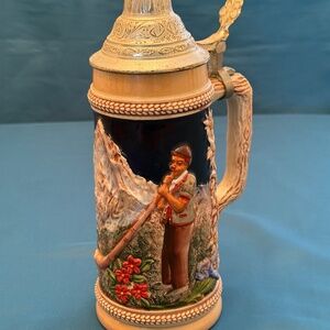 Vintage 9.75” German Beer Stein Pewter Lid w Germany High Relief Couple